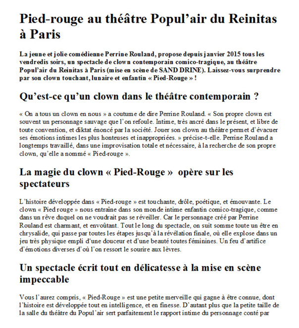 PIED-ROUGE SEULE EN SCENE De et par Perrine Rouland 1h15 PIED-ROUGE SEULE EN SCENE De et par Perrine Rouland 1h15